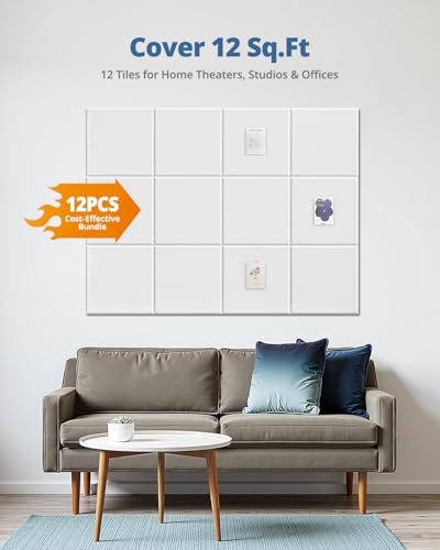 Paneles acústicos para insonorización de paredes, paquete de 12 unidades 12"x12"x0.4" con adhesivo autoadherible, azulejos cuadrados blancos para paredes, puertas, techos, estudios y dormitorios miniatura 7