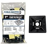 Kable Kontrol Zip Tie Mounts, 1” Sq, Black, 100 Pcs, Adhesive Backed Multi-Purpose UV-Resistant Mounting Squares Nylon Cable Tie Wrap Anchor Pads for Cable Management