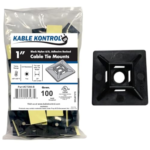 Kable Kontrol Zip Tie Mounts, 1&rdquo; Sq, Black, 100 Pcs, Adhesive Backed Multi-Purpose UV-Resistant...