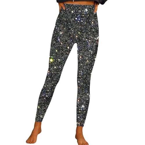 Metallic Damen Silber-Pailletten-Leggings Rot Glitzer Hose Schwarz Party Pailettenhose Skinny Jogginghose Leichte Sommerhose Glitzer-Leggings 70Er Disco Rave Tanz Clubwear
