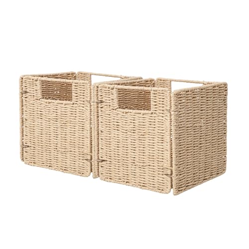 YAHUAN Foldable Paper Rope Storage Cubes 9X9 Hand Woven Wicker Storage Bins Square Basket Storage Baskets for Shelves (Paper rope 2-pack)