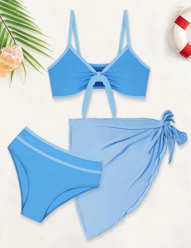 Image of Girls Swimsuit Bikini Set and Cover Up Skirt 3PCS Bathing Suit Removable Knot Dual-Use Girls Swimsuits Size 7-16