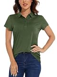 KEFITEVD Poloshirt Damen Outdoor Kurzarmshirt Polyester Sommershirt Stretch Shirt Freizeit Sportshirt UV Schutz Wandershirt Dünn Fitness Funktionsshirt Casual Laufshirt Dunkelgrün 2XL