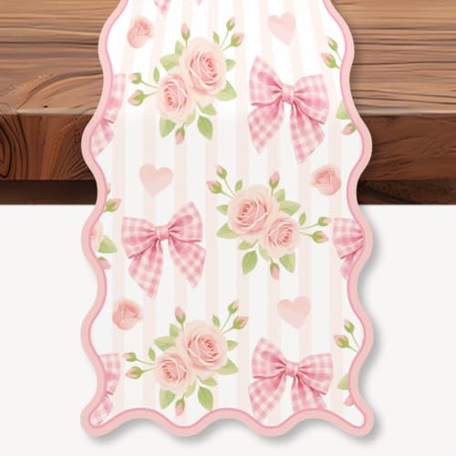 WADORN Pink Bowknot Floral Love Hearts Table Runner Decoration 72x13 Inch