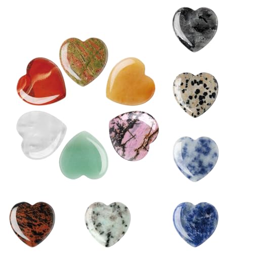 Juego de 12 piedras de con forma de corazón, piedras preciosas de cristal de curación, pulidas