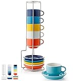 Juego de 6 tazas de café apilables de porcelana con platillos y soporte de metal – 2.5 onzas para especialidad café bebidas, latte, café moca y té Varios colores.