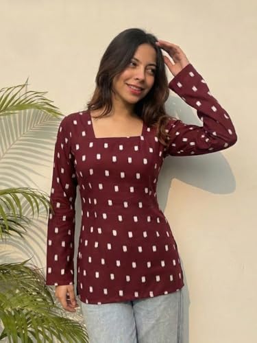 Image of ANNI Designer Women's Viscose Blend Printed Short Kurti | Straight Fit Casual Ethnic Top | Square Neck 3 /4 Sleeve Kurta Office College