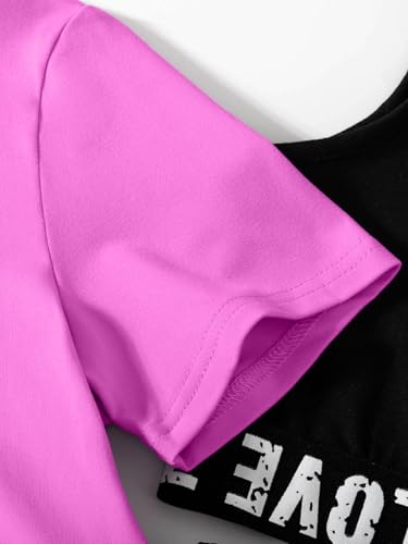 Image of Hilinker Girl's Graphic 3 Piece Outfits Short Sleeve Crop Top Tank and Sweatpants Workout Set Hot Pink Black 11-12Y