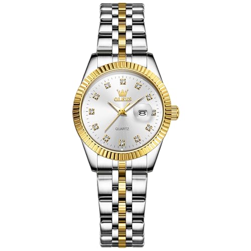 OLEVS Stainless Steel Watches for Women Silver and Gold Two Tone Womens Watches Dainty Diamond Small Face Wrist Watch for Woman Elegant Waterproof Quartz Women Watch with Date Reloj para Mujer