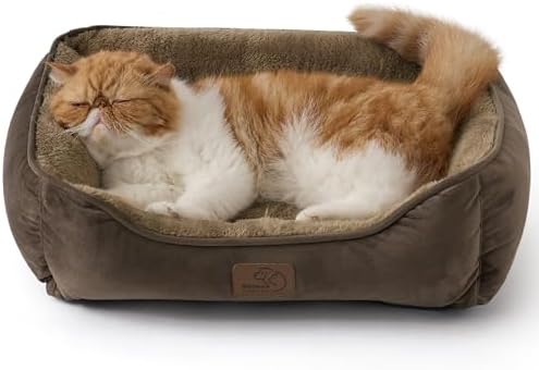 BEDSURE Katzenbett waschbar Katzen Bettchen 51x41cm | Katzenkorb Indoor mit Rutschfester Basis, quadratisches Hundebett für kleine Hunde mit weichem Rand, braun