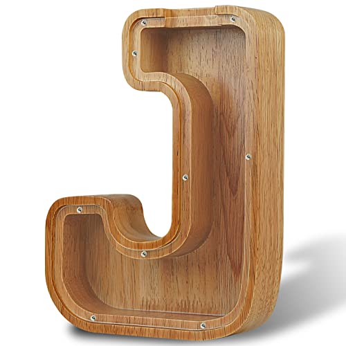 Piggy Bank For Kids Boys Girls, Large Personalized Wooden Letter Piggy Bank With Cut-Out Design, Alphabet Letter Coin Banks, Money Savings Box, Wooden Bank For Kids Creative Gift For Real-Money(J) #TOP7