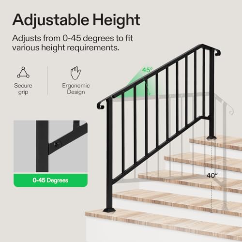 Image of VIVOSUN Outdoor Handrail, 5 Step Stair Handrail, 69 inch x 36 inch Fits 1 to 5 Steps, Wrought Mattle Iron Stair Railing with Curved End and Balusters for Concrete Step, Porch Steps, One-Step Assembly, Black