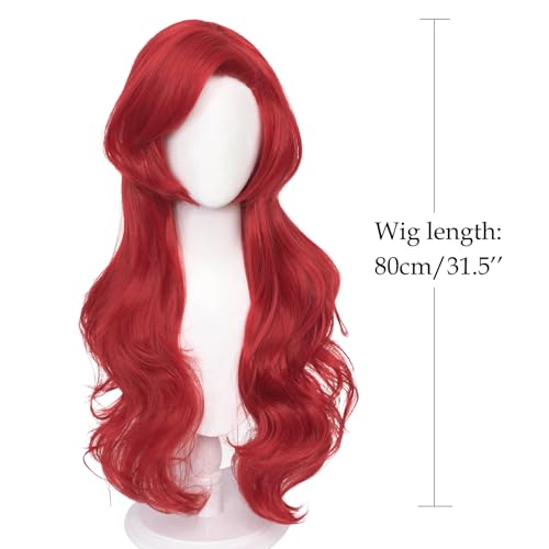 Probeauty Mermaid Wig Long Red Curly Body Wave Wig Halloween Cosplay Costume Wigs for Women+Wig Cap