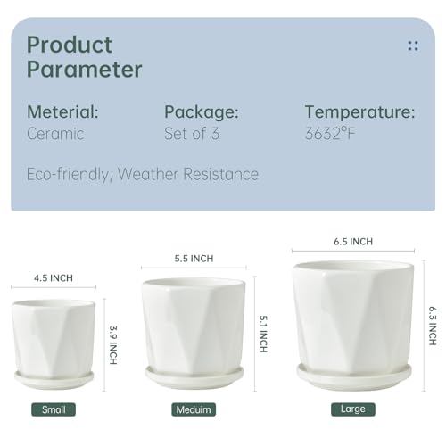 Vasos de cerâmica octogonal – Conjunto de plantador de flores brancas internas com orifícios de dren