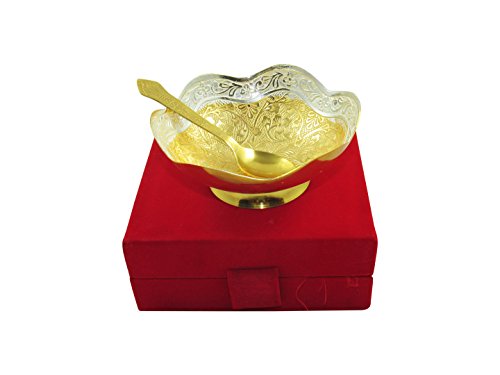 Goldgiftideas 5 Inch Gold-Silver Plated Zig-Zag Serving Bowl, Decorative Brass Bowl With Spoon, Return Gift For Wedding And Housewarming Party #TOP9