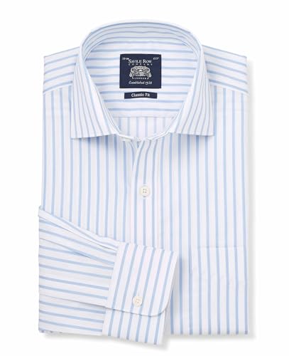 THE SAVILE ROW COMPANY LONDON Men's Classic Fit Cotton Poplin Single Cuff Formal Shirt - Blue White Stripe - 16.5" Collar