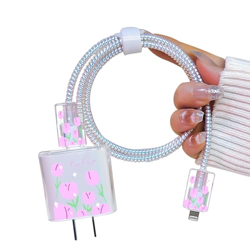 Protector de cable para iPhone cargador TPU suave línea de datos flores tulipán