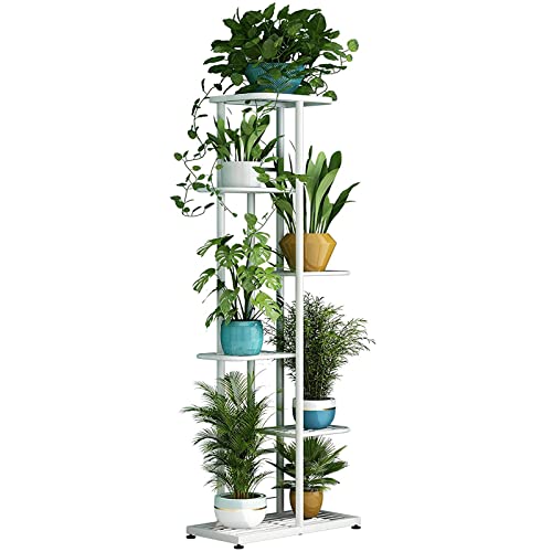 Image of LINZINAR Plant Stand Metal 6 Tier 7 Potted Multiple Flower Pot Holder Shelf Indoor Outdoor Planter Display Shelving Unit for Patio Garden Corner Balcony Living Room (6 Tier 7 Potted, White)