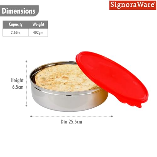 Image of SignoraWare Stainless Steel Medium Khakra Box /Container | Airtight & Leakproof | Compact & Stylish Design for Kitchen & Travel Use | Ideal for Khakhra, Snacks, Roti & Dry Fruits (2.6 LTR | Red)