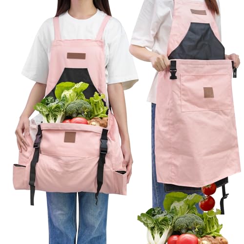 Berry&Bird Harvest Apron Canvas Gardening Apron with Pockets and Harvesting Pouch Waterproof Harvesting Apron (Pink)