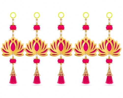 Image of JH Gallery Pink Pom Pom Lotus - Handmade Ganpati Decoration Setup for Home, Ganesh Chaturthi Mandap Decor, Pooja Room, Temple & Door Hanging (11 Inch, Pack of 5)