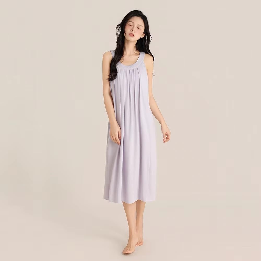 Camisón de algodón para mujer, sin mangas, ajuste holgado, longitud media, para dormir