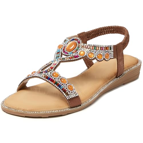 Image of iCKER Womens Rhinestone Strappy Flat Sandals Elastic Ankle Strap Open‑Toe | Sparkling,for wedding,party,evening dates,special occasion,Vacation,Formal