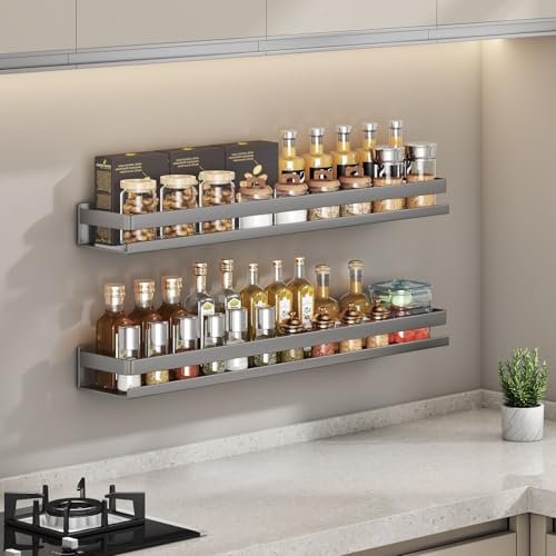 Estante de ducha sin taladrar, 2 unidades: organizador de baño, gran capacidad de acero al carbono, estante de baño, cesta de ducha para colgar para baño y cocina (gris, 60 cm)