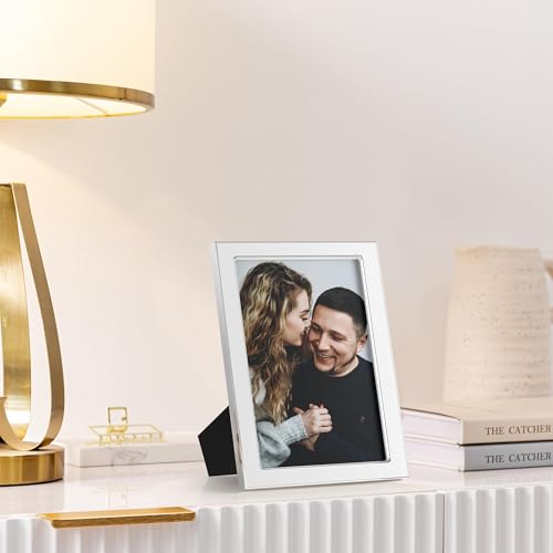 Image of eletecpro 4x6 Enamel Picture Frame with Real Glass Cover, Cute Photo Frame with Silver Metal Edge, Horizontal and Vertical Display Pictures 4 by 6 for Tabletop and Wall Decor, White, 1 Pack