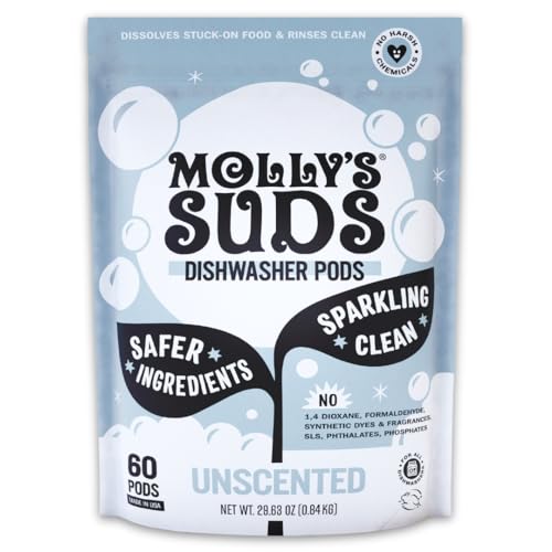 Comparison: Best Detergent For Dishwasher 6 Molly's Suds Dishwasher Pods | Clean Dishwasher Detergent, Cuts Grease & Rinses Clean (Residue-Free) for Sparkling Dishes | 60 Auto-Release Tabs (Unscented)