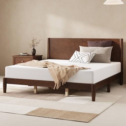 Image of AMERLIFE Solid Wood King Size Bed Frame, Mid Century Modern Platform Bed with Full Panel Headboard, Noise-Free & Cylindrical Legs, No Box Spring Needed, Under-Bed Storage, Dark Walnut