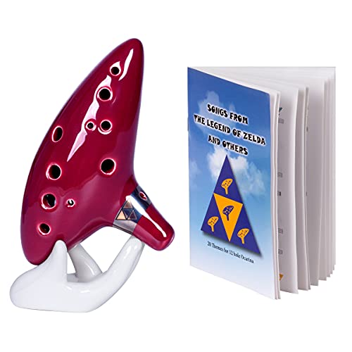 Deekec Legend of Zelda Ocarina 12 Hole Alto C with Song Book (Songs From the Legend of Zelda) with Stand and Carrying case, Red