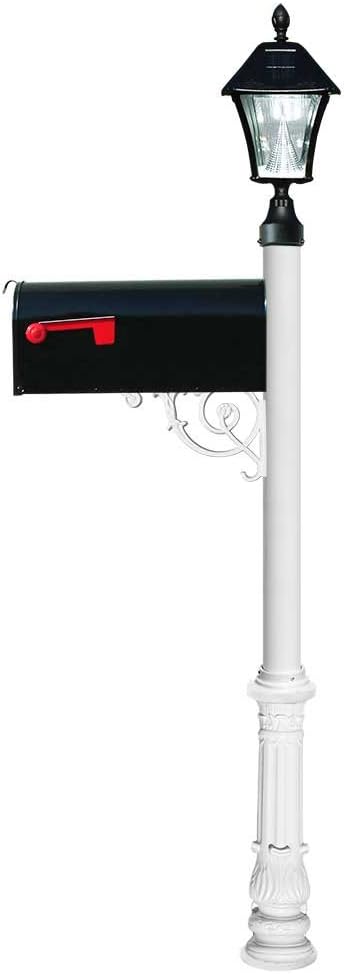 Lewiston E1 Economy Mailbox, Post Ornate Base & Solar Lamp, White