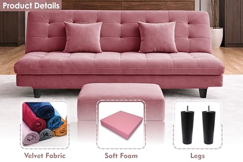 Image of Rosebell Modern Three-Seater Sofa Cum Bed - Foldable Velevt Fabric Sofa, Foam Seating, Stylish Design for Living Room, Guest Room & Office-Rose Pink