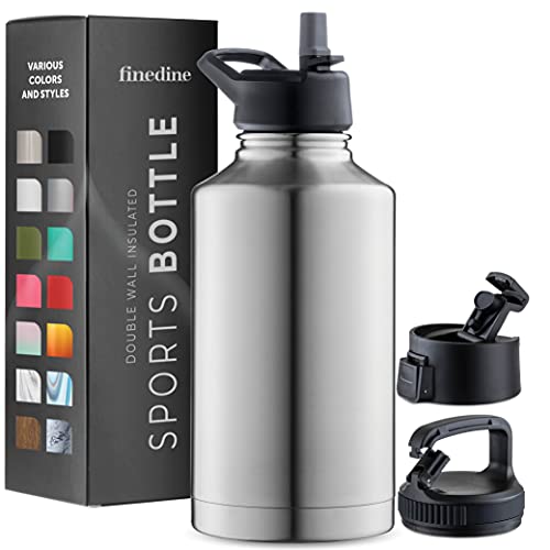 FineDine Triple Walled, Insulated Water Bottles with Straw - 64 Oz Stainless Steel Metal Bottle W/ 3 Leak Proof Lids - For Travel, School, Sports, Gym / Men, Women & Kids - Brushed Stainless Steel
