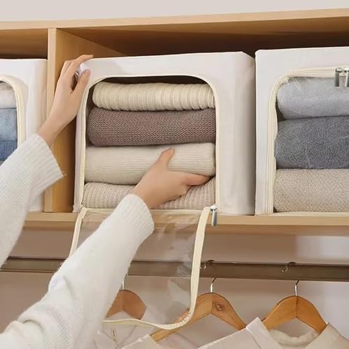 Image of Yellow Weaves 3 Pcs Clothes Organizer for Wardrobe, Foldable, Stackable, Space Saver Closet Basket, Cupboard Almirah Organizer, Storage Box for Clothes (Ivory, Regular)