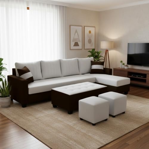 Image of FURNY Avenue 8 Seater Fabric RHS L Shape Sofa Set with 1 Centre Table & 2 Puffy (Light Grey-Dark Brown) Premium Velvet Finish