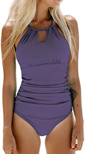 CUPSHE Women's One Piece Swimsuit Tummy Control Ruched Lace Up Cutout Bathing Suit, M Purple