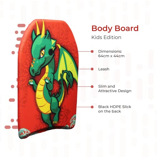 Koopp 25 Boogie Board Bodyboard Surf Board Float for Kids with Leash & Leash Plug - Lightweight and Durable Foam Board for Kids/Teenagers - Perfect for Beach, Ocean and Pool Fun - Dragon