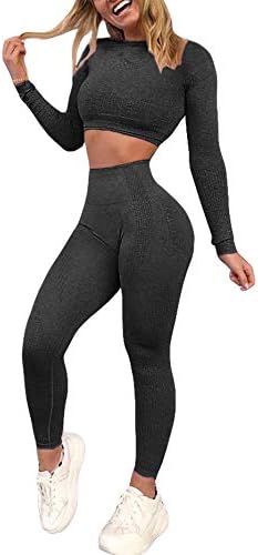 YOFIT Women 2 Piece Outfits Leggings+Long Sleeve Crop Tops Yoga Set Compression Skinny Tights Gym Fitness Pants Exercise Outfits