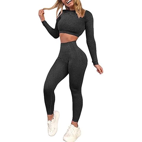 YOFIT Women's Workout Outfit 2 Pieces Seamless Yoga Leggings with Athletic Long Sleeve Shirt Gym Clothes Set Black Cover
