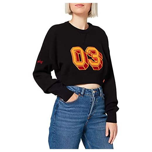 Superdry Varsity Crop Cotton Crew Jumper Sudadera, Negro, S para Mujer