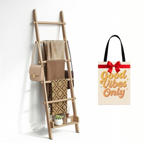 Surala Wooden Blanket Ladder for Living Room & Bedroom, 6-Tier Rustic Decorative Farmhouse Style Quilt Rack with Side Hooks, Wall Leaning Ladder Shelf for Bathroom with Bottom Display Storage, Natural