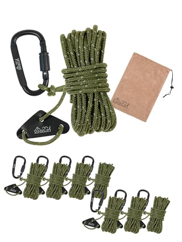 DaLaCa パラコード ガイロープ テントロープ タープロープ 反射材入り 太さ 4ｍｍ 長さ 4ｍ 4本 / 8本 セット 耐荷重 300kg カラビナ 自在金具 収納袋 付き (ダークグリーン, 4mm/8本)（Amazon）