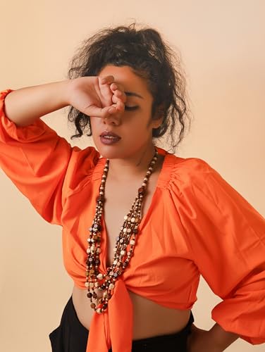 MINACHI Vintage Retro Wooden Beaded Multi Layered Long Necklace, Irregular Unique Shape Beads, Monochrome Style Women's Jewelry, Holiday Accessories2