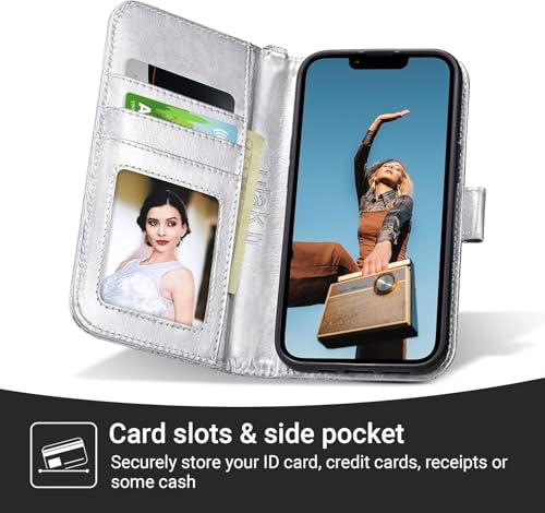 ULAK Compatible with iPhone 13 Wallet Case for Women, Premium PU Leather Flip Cover with Card Holder and Kickstand Feature Protective Phone Case 6.1 Inch, Silver by ULAK - Used condition - Image 5