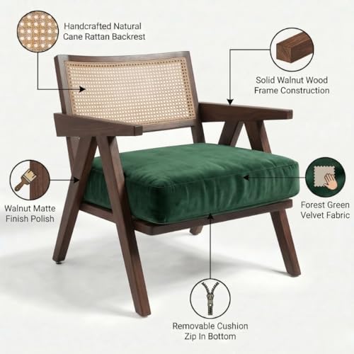 Image of Kingsman Furnitures ABEL Rattan Teak Wood Accent Arm Chair for Home Bedroom, Living, Dining, Drawing Room | Ultra Soft and Comfortable for Stress Free | Removable Cushion (Walnut Forest Green)