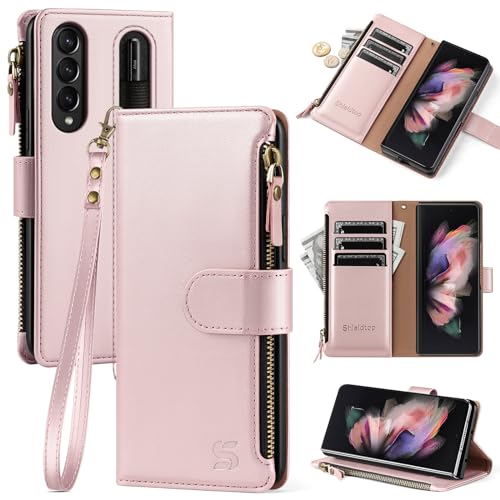Shieldtop Compatible with Samsung Galaxy Z Fold 3 5G Wallet Case with S Pen Holder,Women Man RFID Blocking PU Leather Flip Phone Case Protective Cover Wrist Strap Credit Card Holder Slots,Rose Gold by Shieldtop - Used condition - US$9.90
