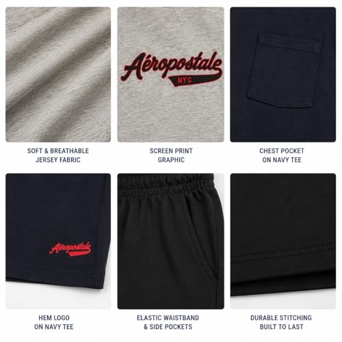 Image of AEROPOSTALE Boys Athletic Shorts Set 3 Piece Graphic T Shirts Fleece Shorts | Soft Breathable Jersey Tees, Elastic Waistband, Side Pockets, Screen-print Design, Durable Stitching for School & Play
