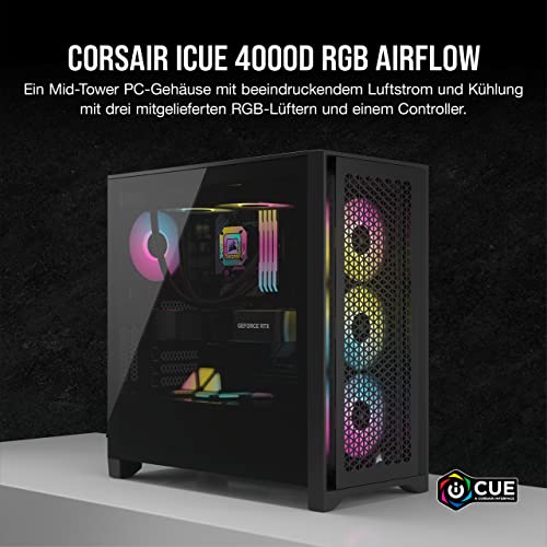Corsair iCUE 4000D RGB Airflow Mid-Tower-Gehäuse, 3 × AF120 RGB Elite-Lüfter – iCUE Lighting Node PRO-Beleuchtungssteuerung… – Ansicht 2